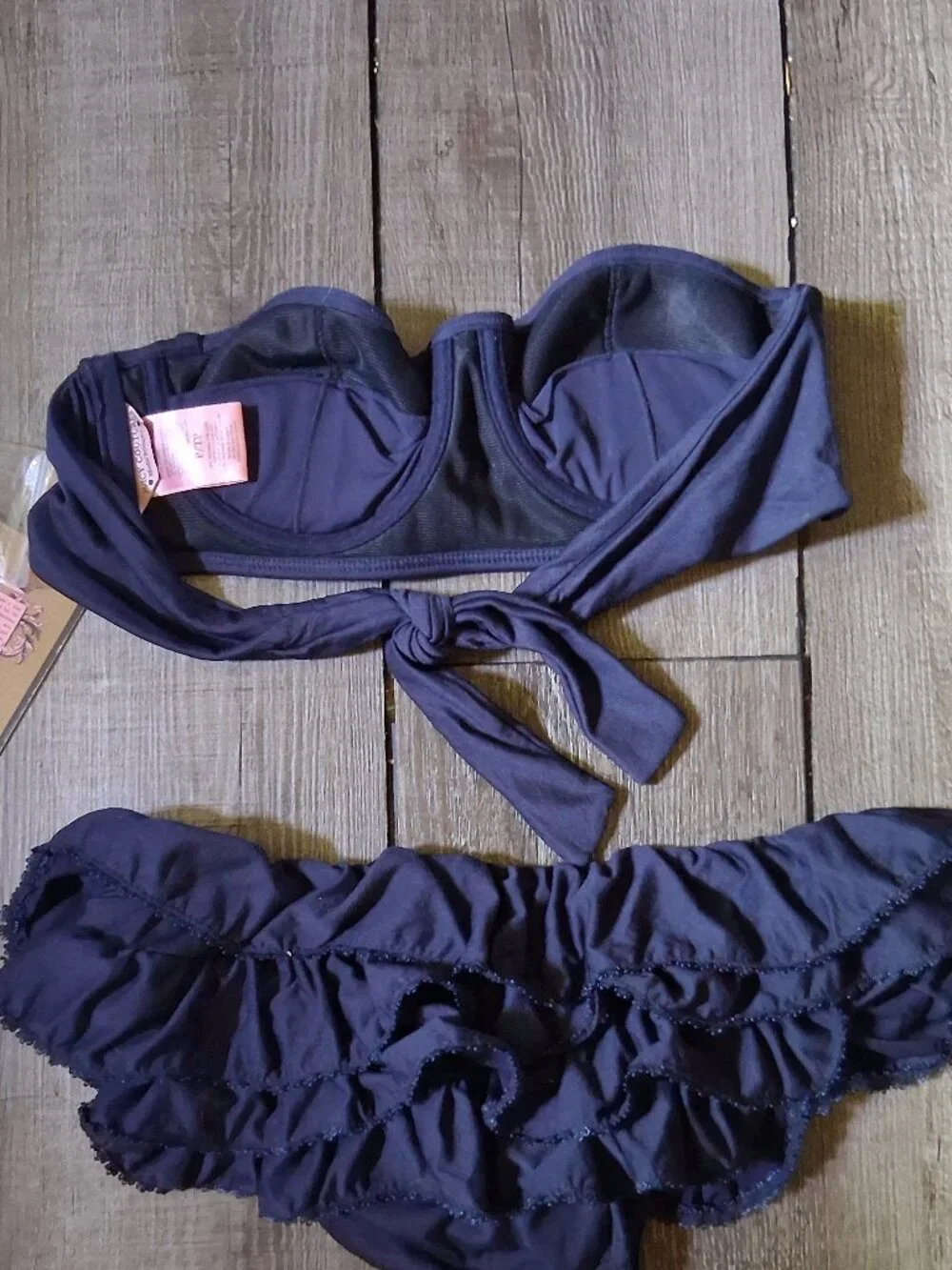 Y2K Juicy Couture Navy Ruffle Strapless Bikini Small Top Medium Bottom New